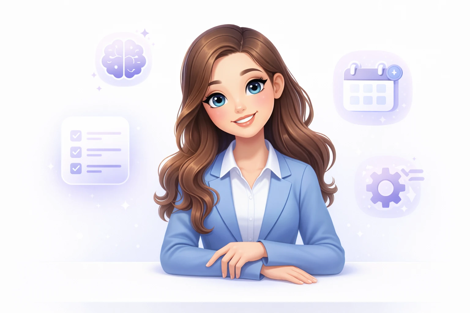 Mia, a friendly AI assistant, surrounded by icons representing her core capabilities: memory, tasks, automation, and recall