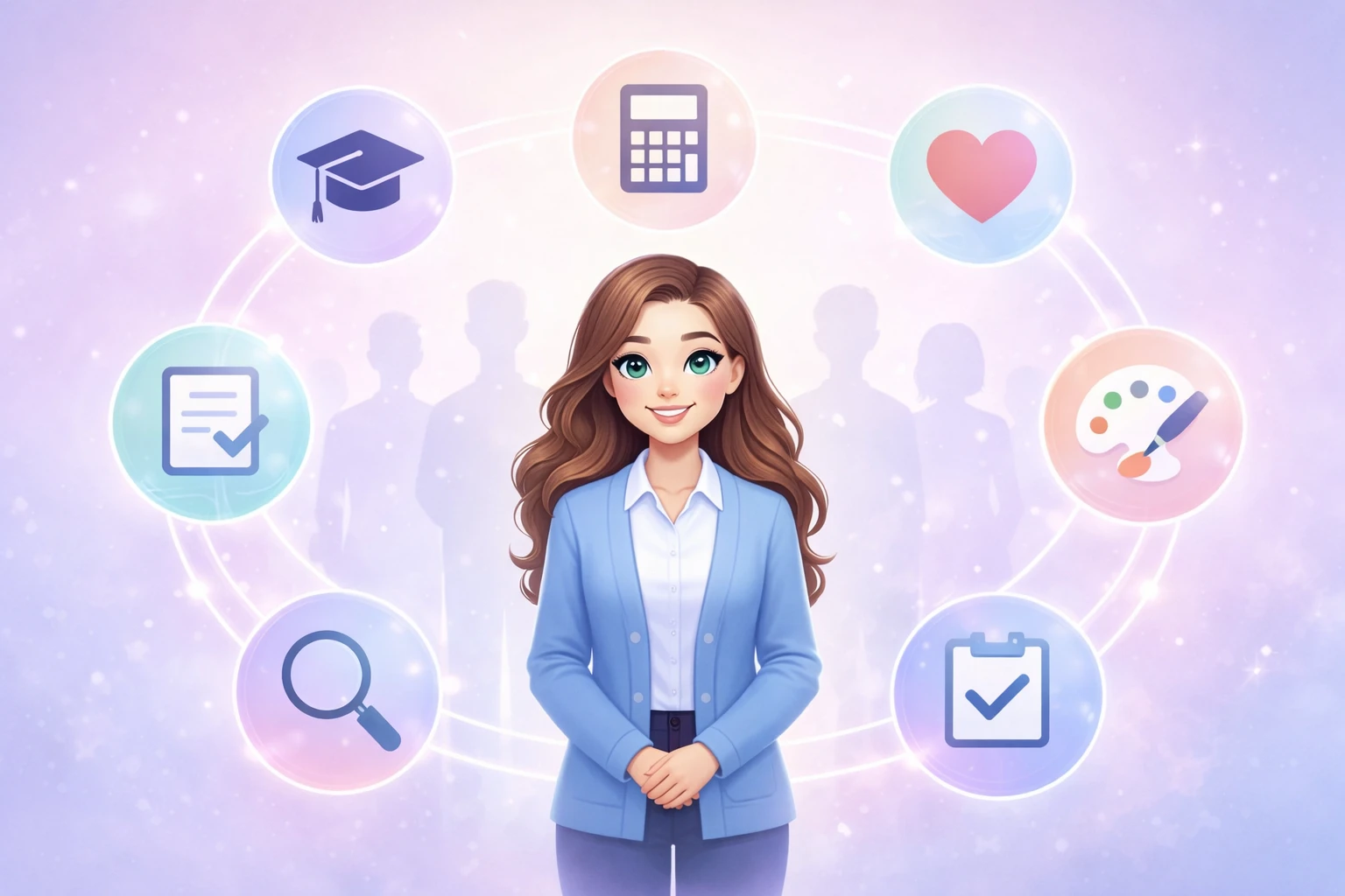 Mia, a friendly AI assistant, surrounded by icons representing different roles — assistant, teacher, creative partner, friend