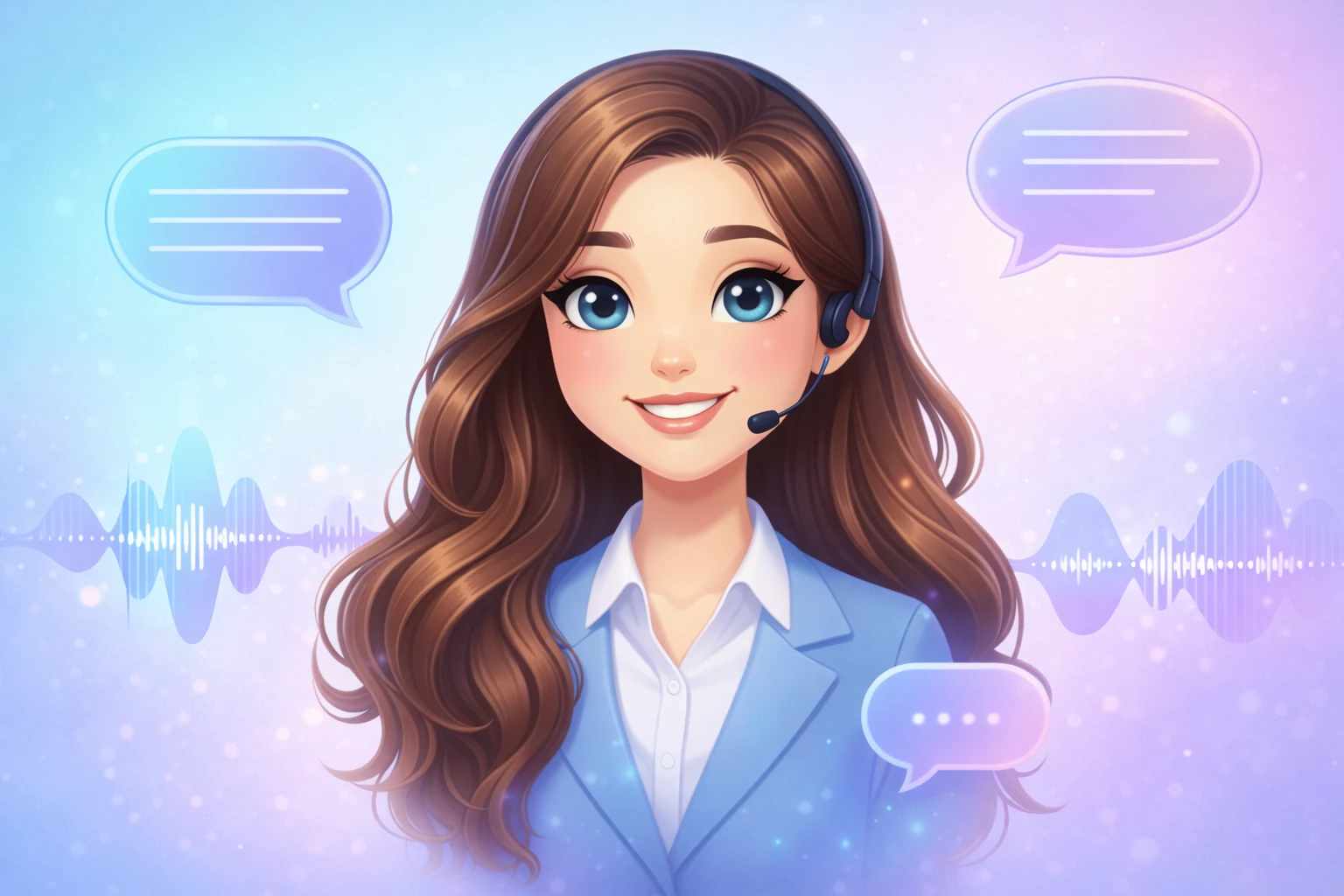 Mia, a friendly AI assistant, wearing a headset surrounded by sound waves and speech bubbles representing voice interaction